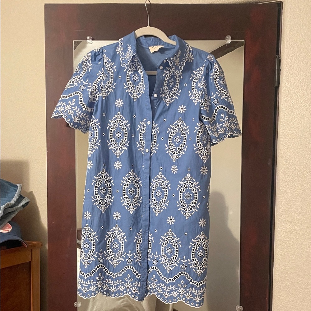 Sezane Blue and White Embroidered Dress
